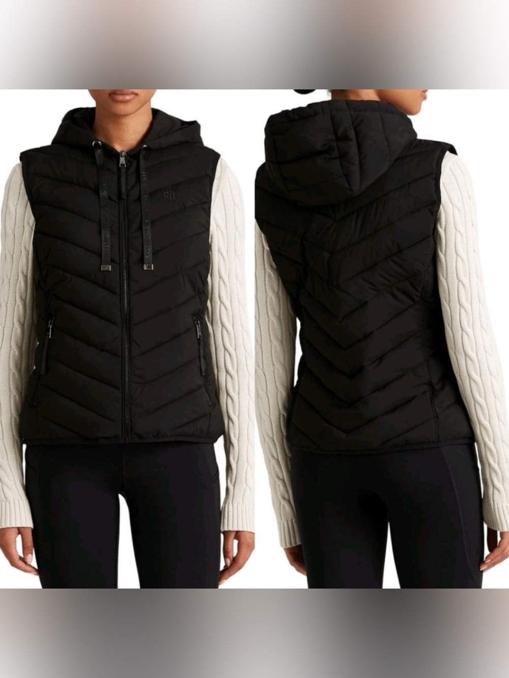 Lauren Ralph Lauren Black Quilted Hooded Puffer Vest Medium